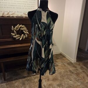 Tropical Leaf Print Halter Dress